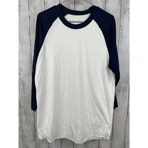 Adidas Shirt Mens Large White Navy Crew Neck 3/4 Sleeve Athletic Pullover Logo